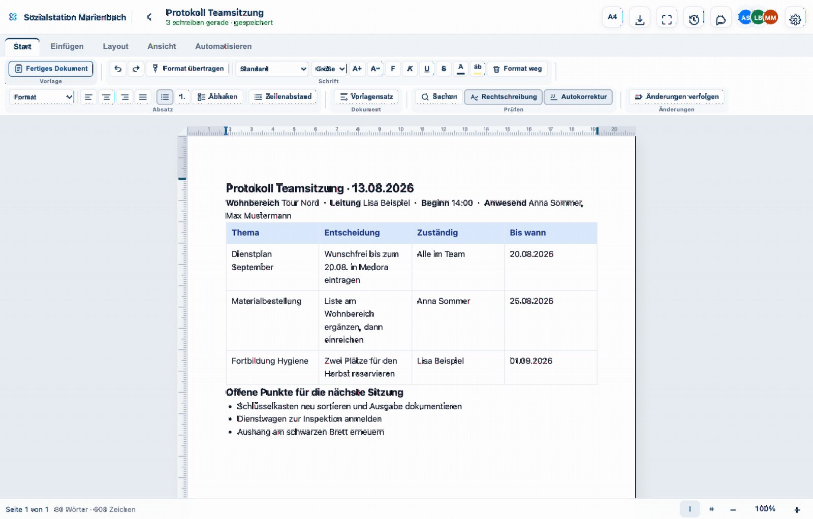 Medora Smart Documents: Sitzungsprotokoll im Editor mit Seitenlayout und Tabelle