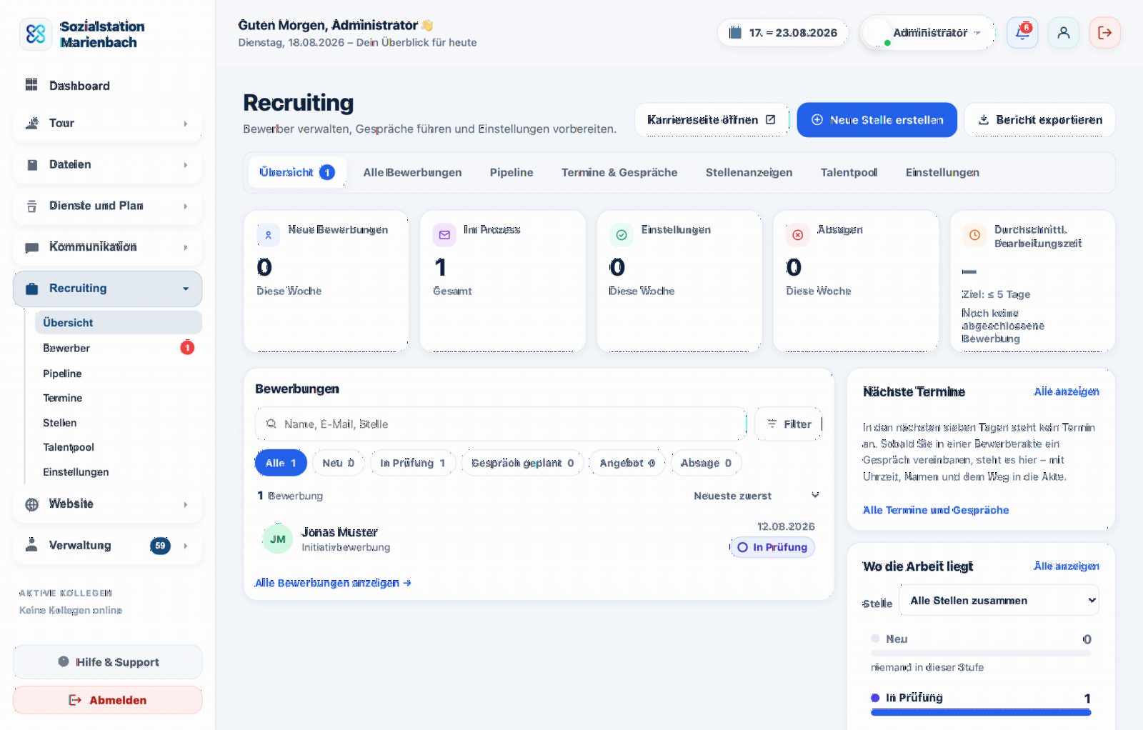 Medora Recruiting: Übersicht mit neuen Bewerbungen, laufendem Prozess, Terminen und Pipeline