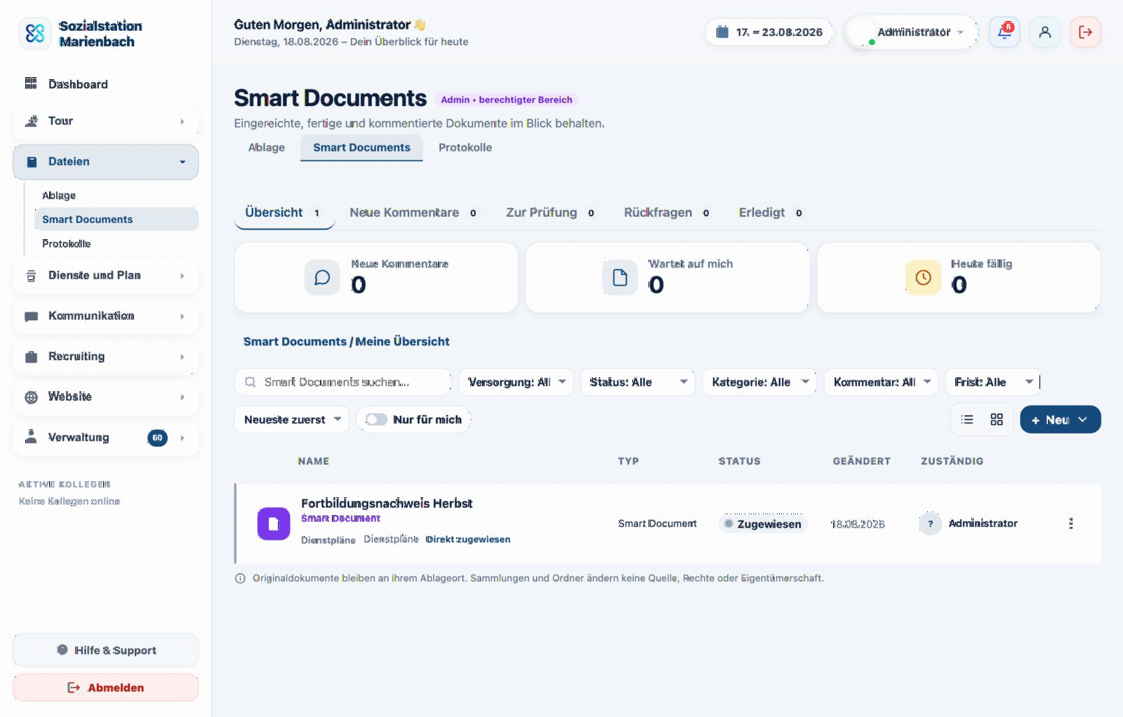 Medora Smart Documents: Kacheln für Neue Kommentare, Wartet auf mich und Heute fällig über der Dokumentliste