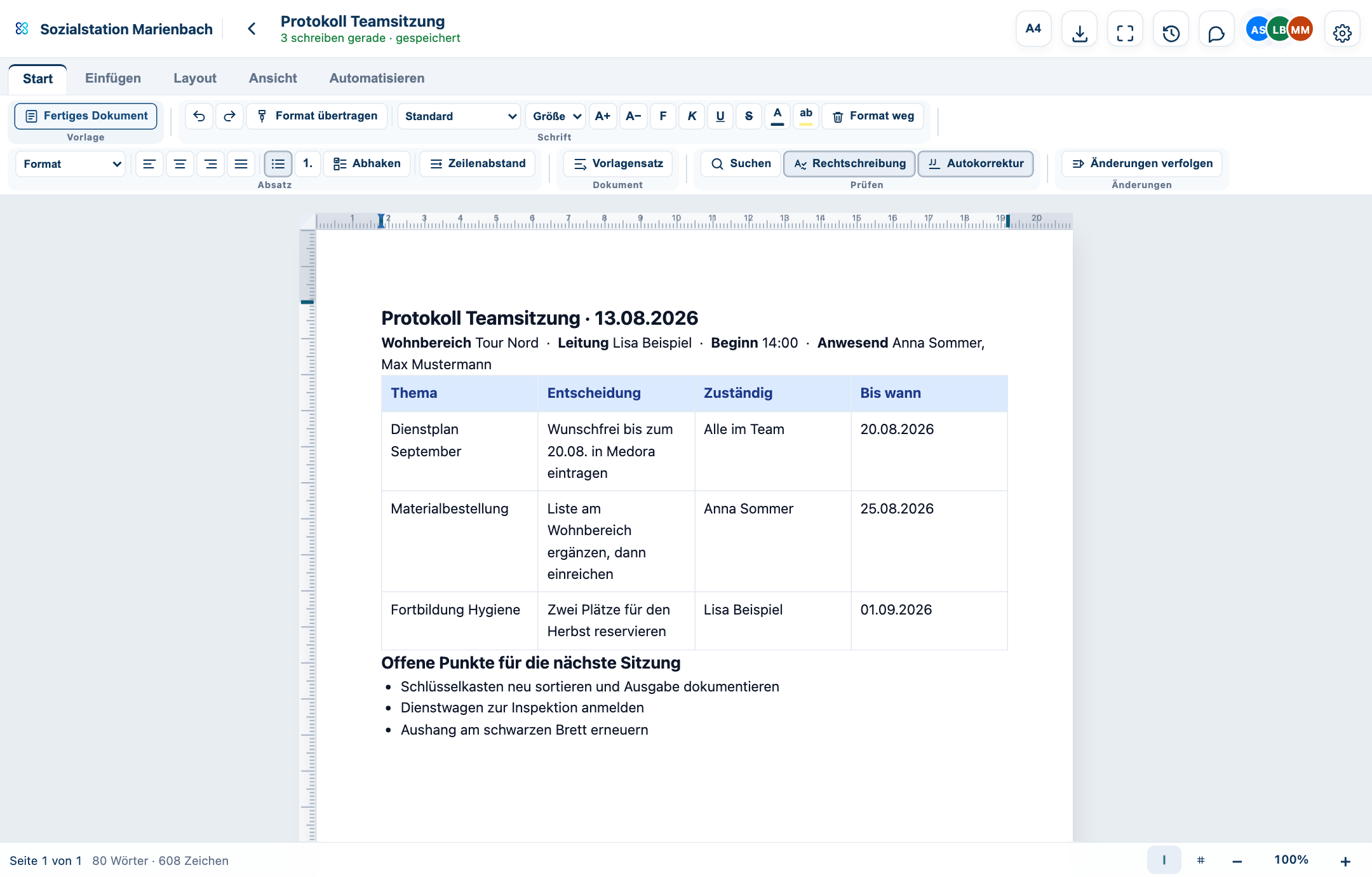 Dokumenteditor mit Formatleiste und gleichzeitiger Bearbeitung