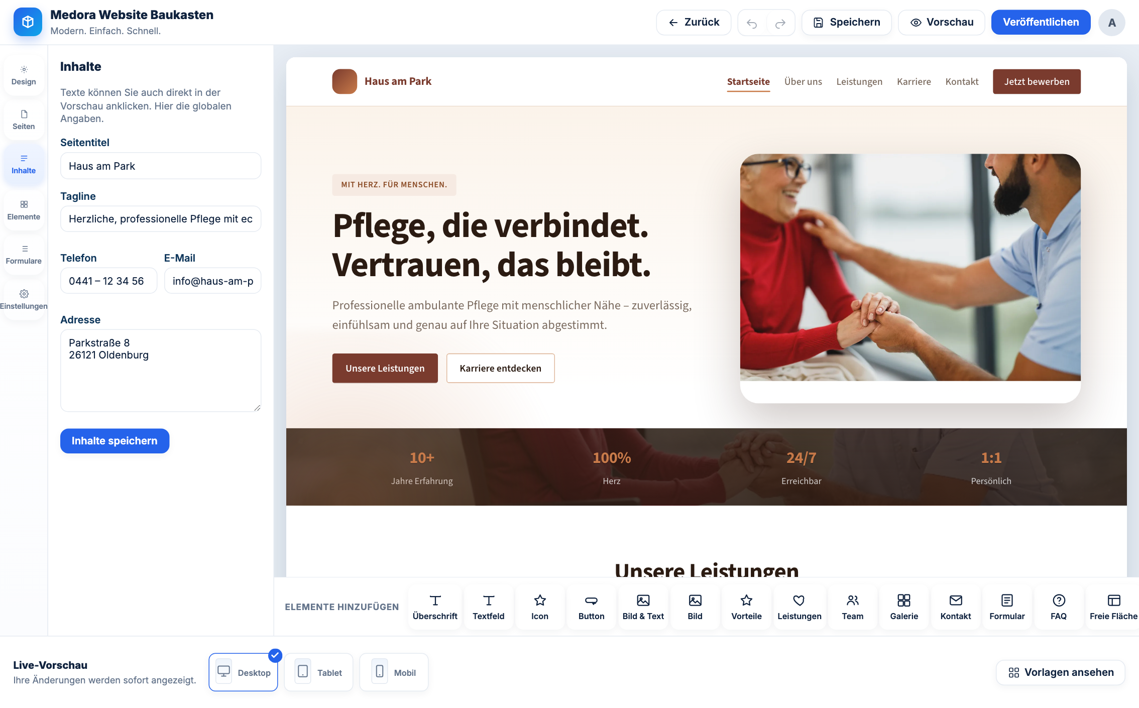 Website-Baukasten mit Live-Vorschau